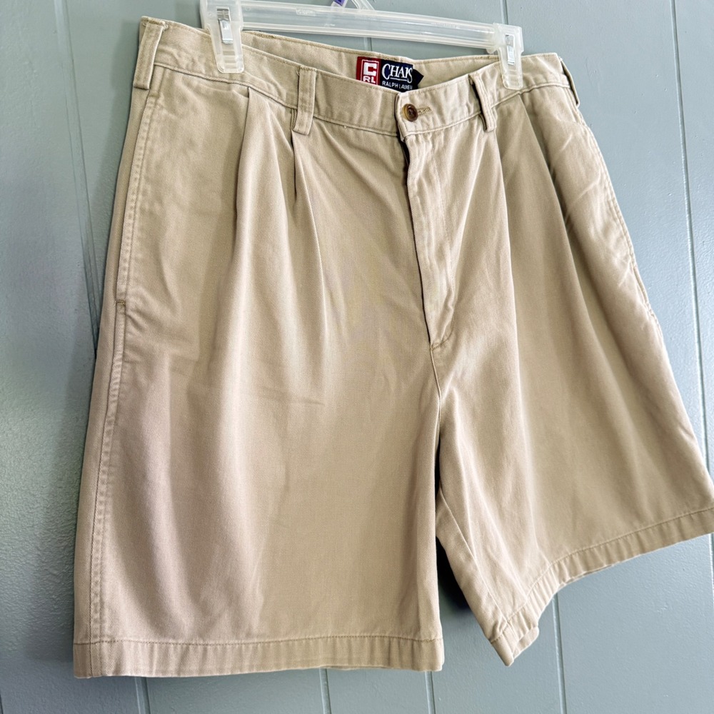 Chaps Ralph Lauren Mens 34 Khaki Double Pleated Chino Shorts 7" Vintage 90s Prep - Picture 3 of 8